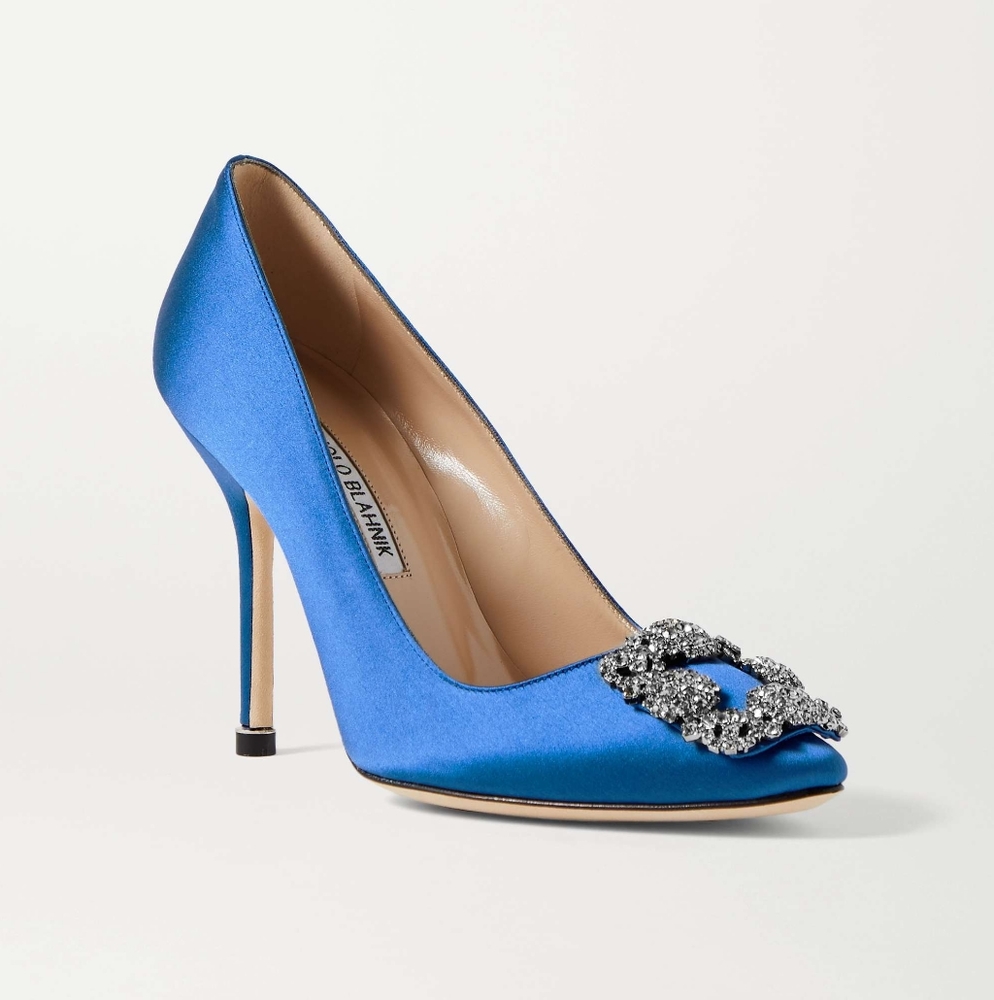 Manolo Blahnik Hangisi 105 Blue Satin (41.5 in Europe).